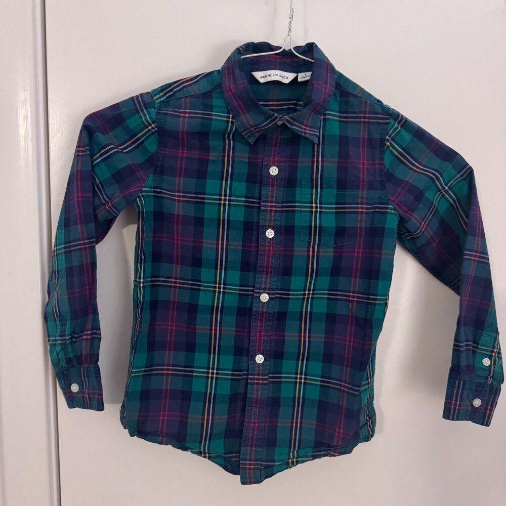 Boys Janie and Jack Green/Blue/Red Tartan Long Sleeve Button Down Shirt Size 6